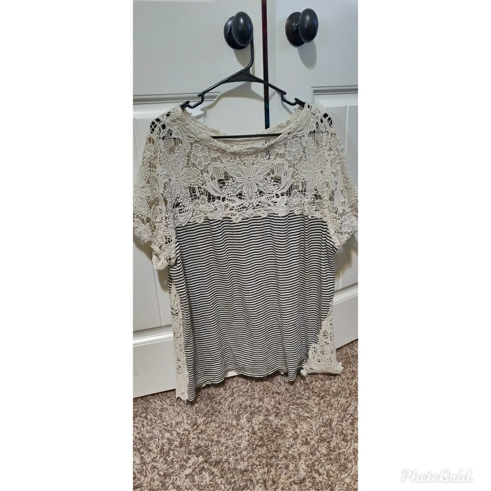 Black and White striped short-sleeve with lace